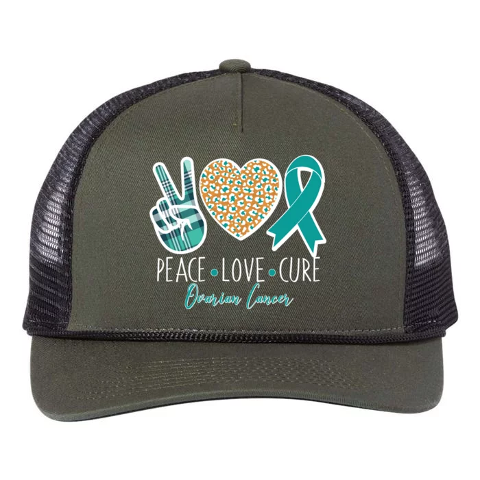 Peace Love Cure Ovarian Cancer Awareness Retro Rope Trucker Hat Cap