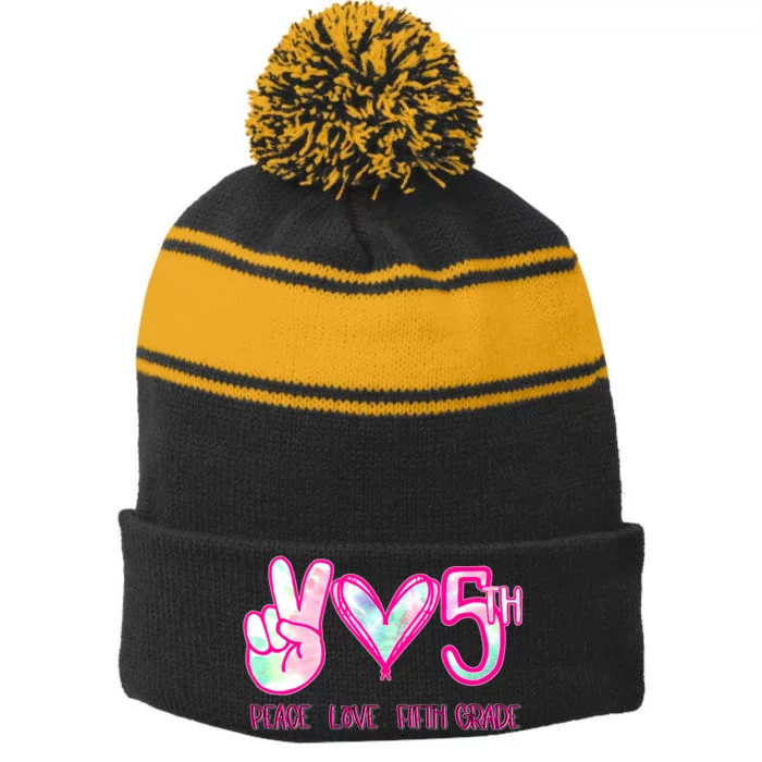 Peace Love Fifth-Grade Funny Cute Stripe Pom Pom Beanie