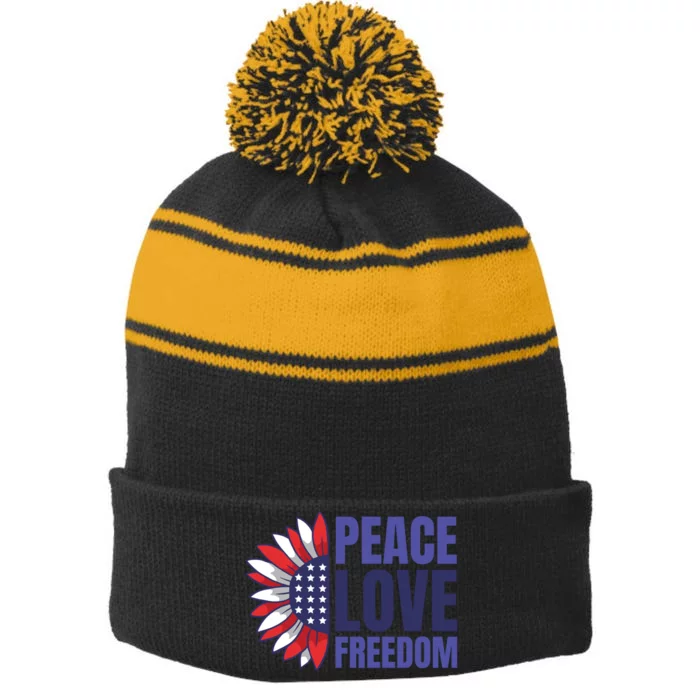 Peace Love Freedom Stripe Pom Pom Beanie