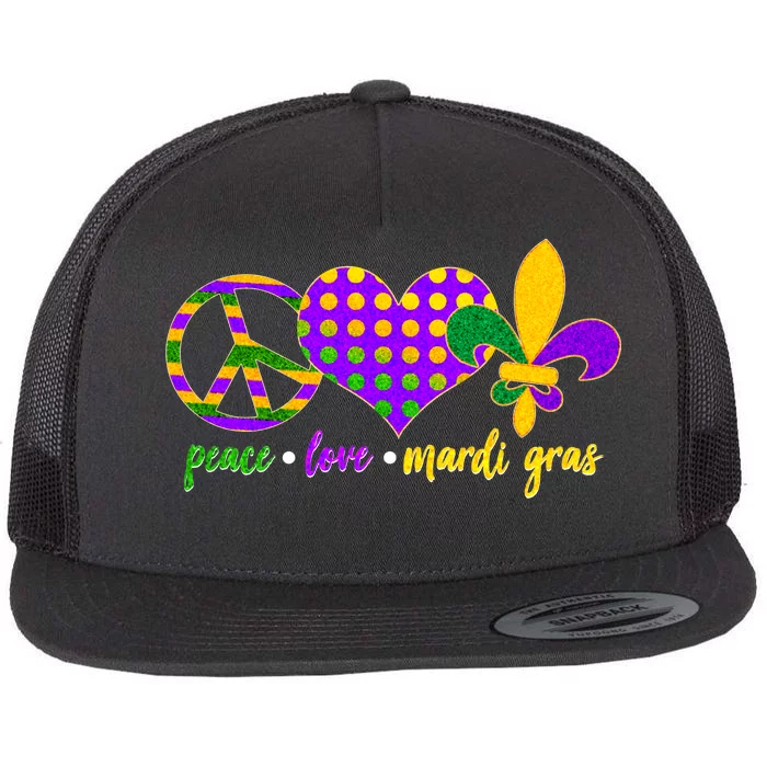 Peace Love Mardi Gras Flat Bill Trucker Hat