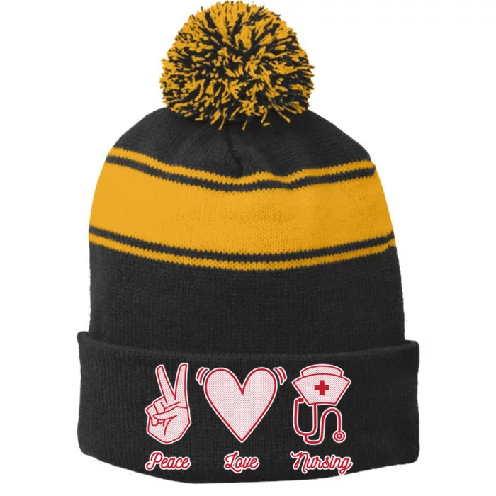 Peace Love Nursing Stripe Pom Pom Beanie