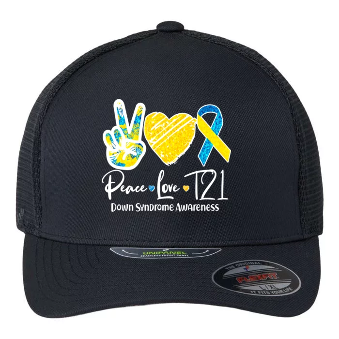 Peace Love T21 Down Syndrome Awareness Flexfit Unipanel Trucker Cap