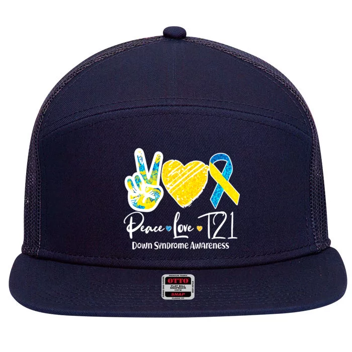 Peace Love T21 Down Syndrome Awareness 7 Panel Mesh Trucker Snapback Hat