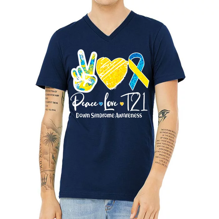 Peace Love T21 Down Syndrome Awareness V-Neck T-Shirt