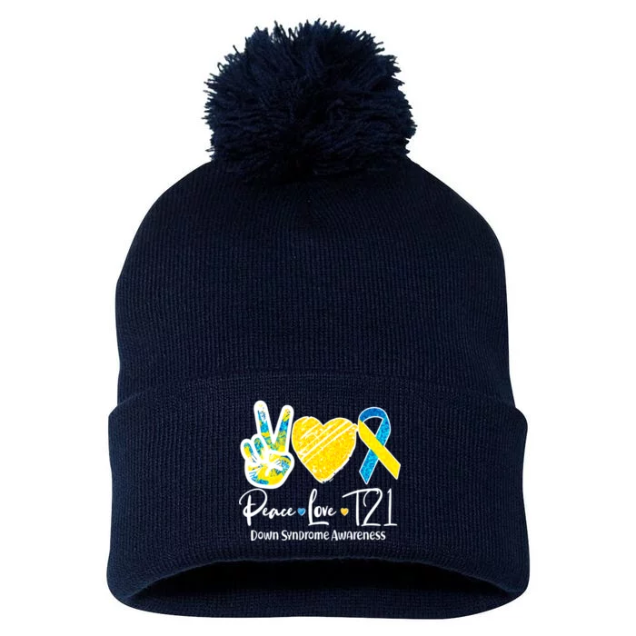 Peace Love T21 Down Syndrome Awareness Pom Pom 12in Knit Beanie