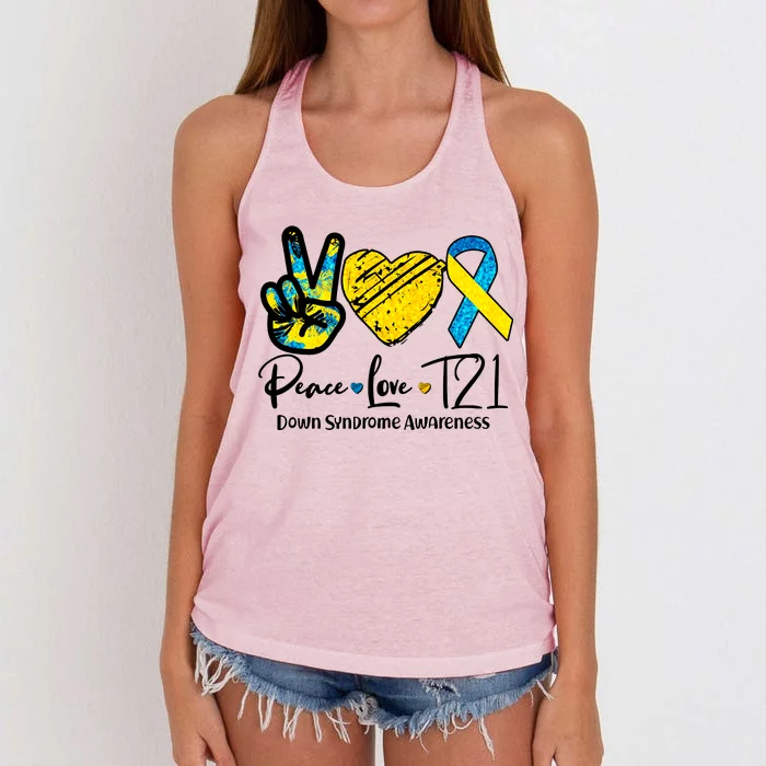 Peace Love T21 Down Syndrome Awareness Women's Knotted Racerback Tank