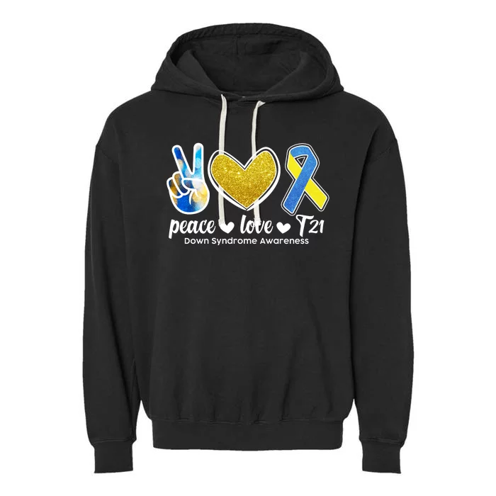 Peace Love T21 Down Syndrome Awareness Ribbon Garment-Dyed Fleece Hoodie