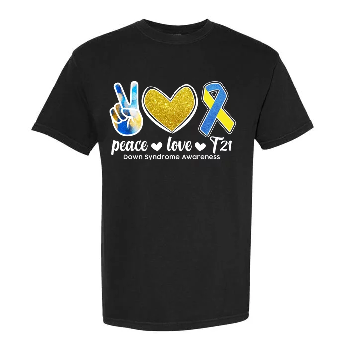 Peace Love T21 Down Syndrome Awareness Ribbon Garment-Dyed Heavyweight T-Shirt