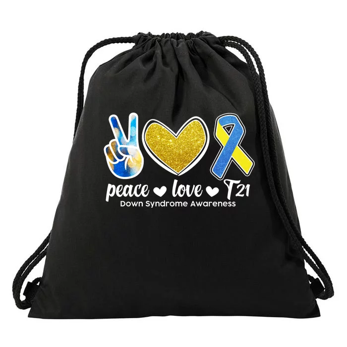 Peace Love T21 Down Syndrome Awareness Ribbon Drawstring Bag