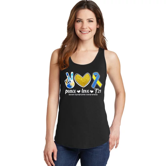 Peace Love T21 Down Syndrome Awareness Ribbon Ladies Essential Tank