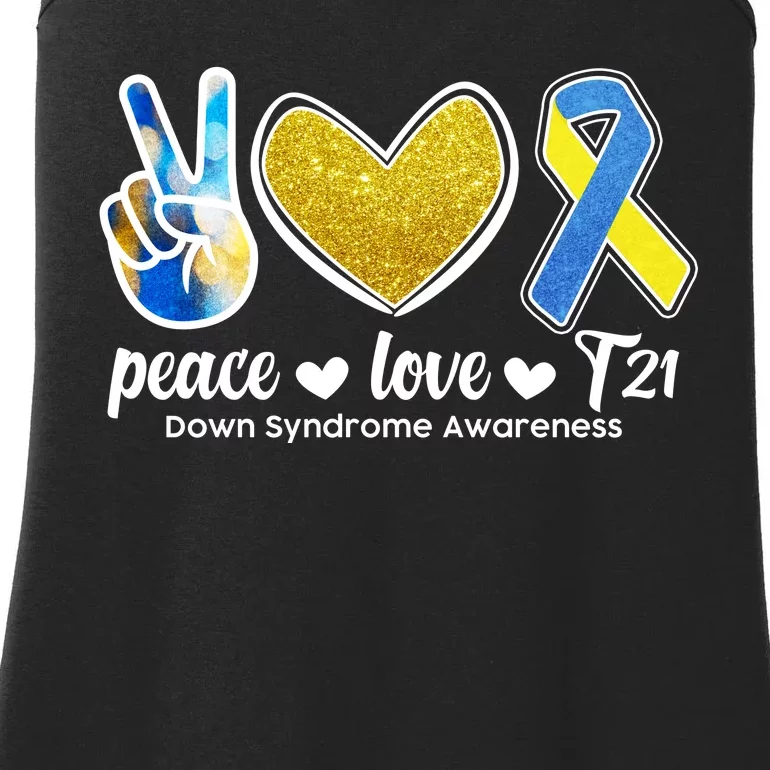 Peace Love T21 Down Syndrome Awareness Ribbon Ladies Essential Tank