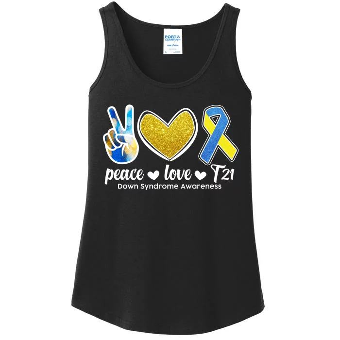 Peace Love T21 Down Syndrome Awareness Ribbon Ladies Essential Tank