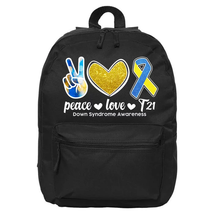 Peace Love T21 Down Syndrome Awareness Ribbon 16 in Basic Backpack