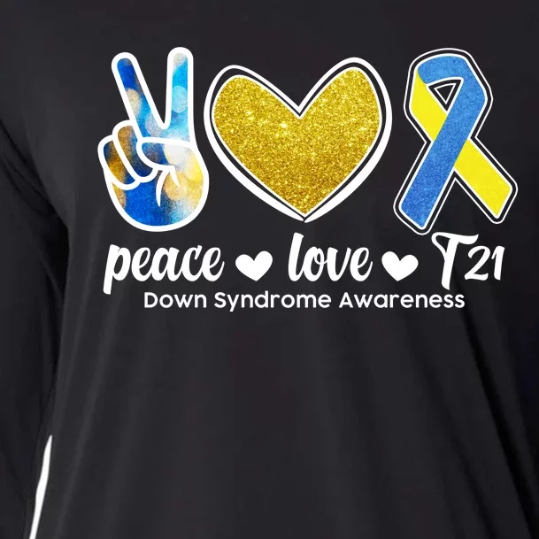 Peace Love T21 Down Syndrome Awareness Ribbon Cooling Performance Long Sleeve Crew