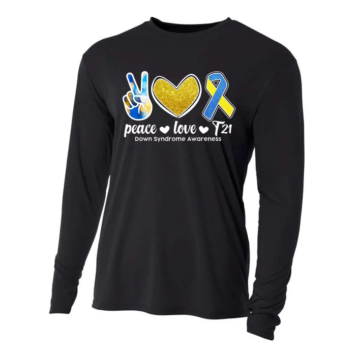 Peace Love T21 Down Syndrome Awareness Ribbon Cooling Performance Long Sleeve Crew