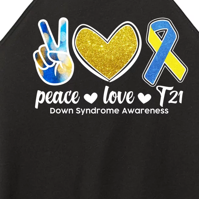 Peace Love T21 Down Syndrome Awareness Ribbon Women’s Perfect Tri Rocker Tank