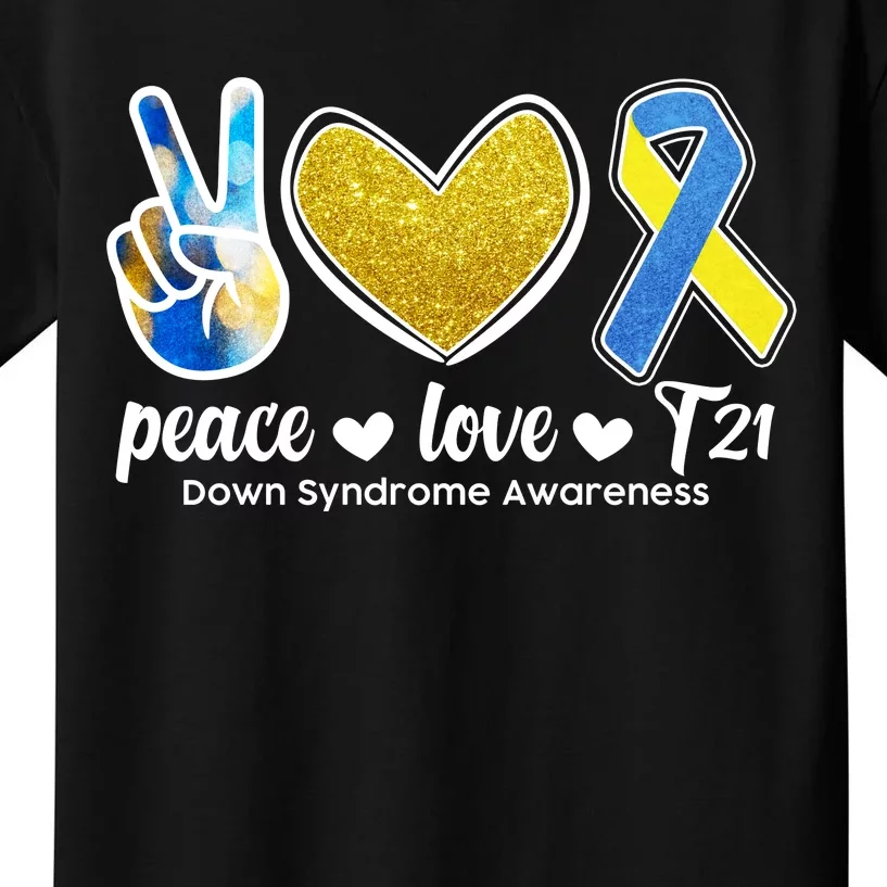 Peace Love T21 Down Syndrome Awareness Ribbon Kids T-Shirt