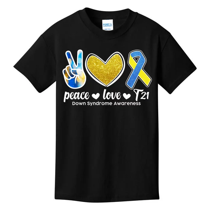 Peace Love T21 Down Syndrome Awareness Ribbon Kids T-Shirt