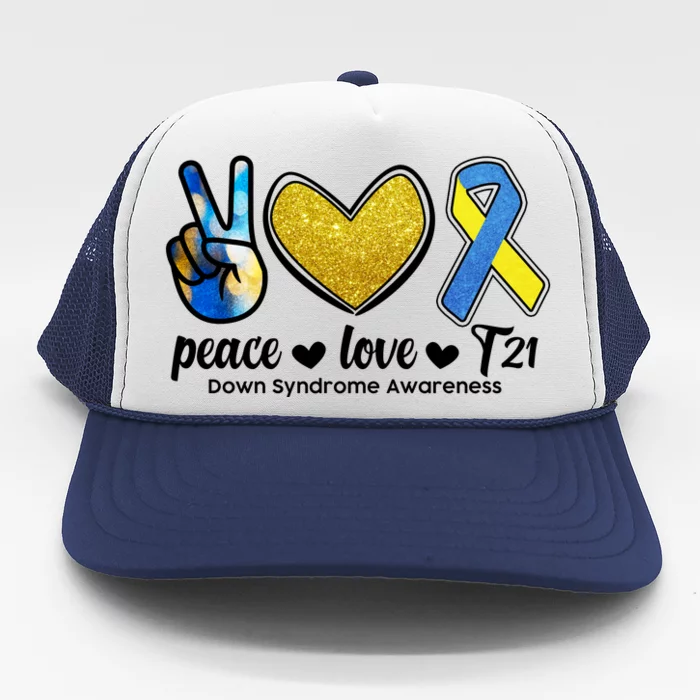 Peace Love T21 Down Syndrome Awareness Ribbon Trucker Hat