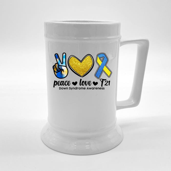 Peace Love T21 Down Syndrome Awareness Ribbon Front & Back Beer Stein