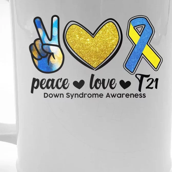 Peace Love T21 Down Syndrome Awareness Ribbon Front & Back Beer Stein