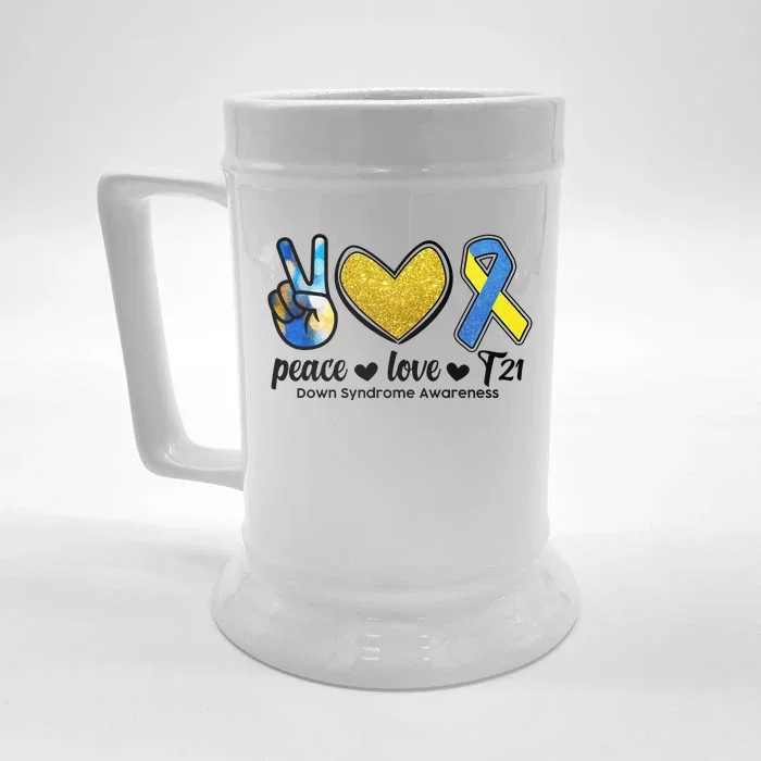 Peace Love T21 Down Syndrome Awareness Ribbon Front & Back Beer Stein