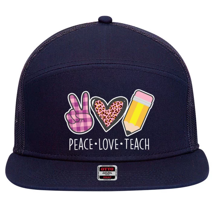 Peace Love Teach Plaid and Leopard Prints 7 Panel Mesh Trucker Snapback Hat