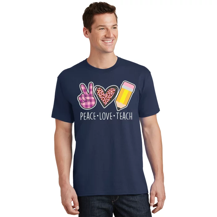 Peace Love Teach Plaid and Leopard Prints T-Shirt