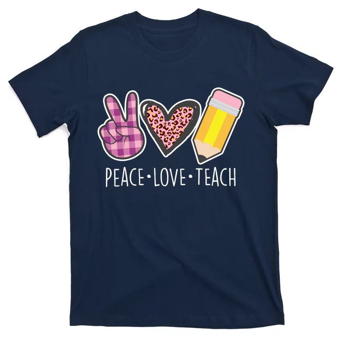 Peace Love Teach Plaid and Leopard Prints T-Shirt