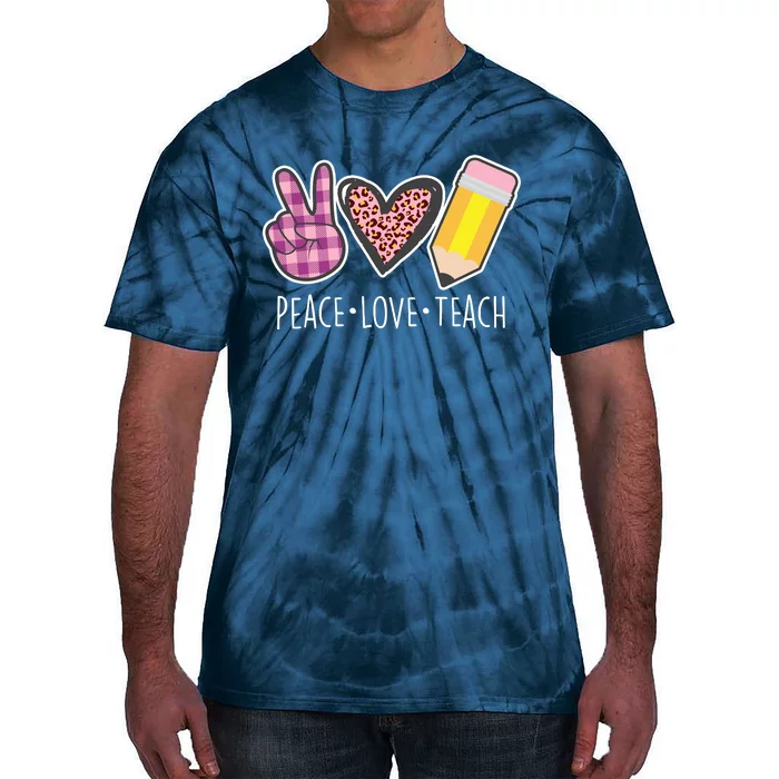 Peace Love Teach Plaid and Leopard Prints Tie-Dye T-Shirt