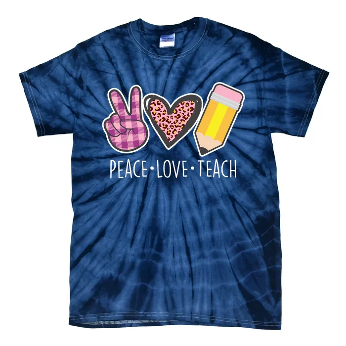 Peace Love Teach Plaid and Leopard Prints Tie-Dye T-Shirt