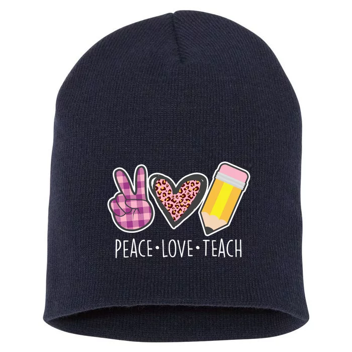 Peace Love Teach Plaid and Leopard Prints Short Acrylic Beanie