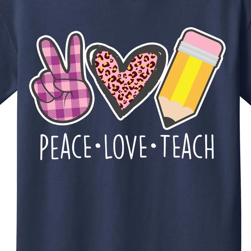 Peace Love Teach Plaid and Leopard Prints Kids T-Shirt