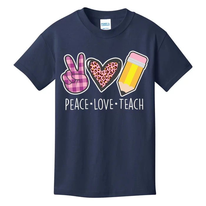 Peace Love Teach Plaid and Leopard Prints Kids T-Shirt