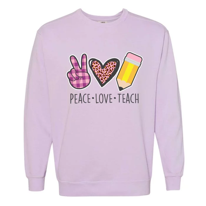 Peace Love Teach Plaid and Leopard Prints Garment-Dyed Sweatshirt