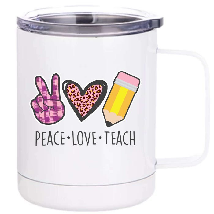 Peace Love Teach Plaid and Leopard Prints Front & Back 12oz Stainless Steel Tumbler Cup