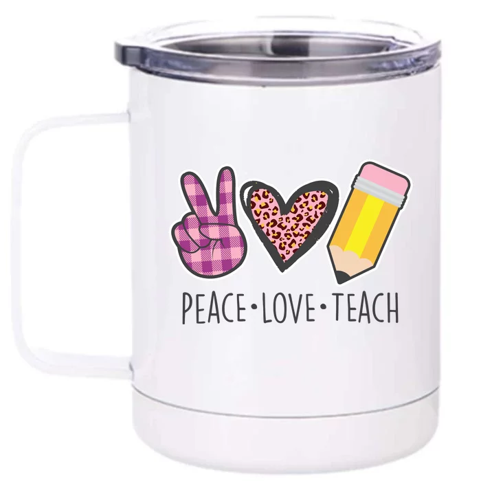 Peace Love Teach Plaid and Leopard Prints Front & Back 12oz Stainless Steel Tumbler Cup