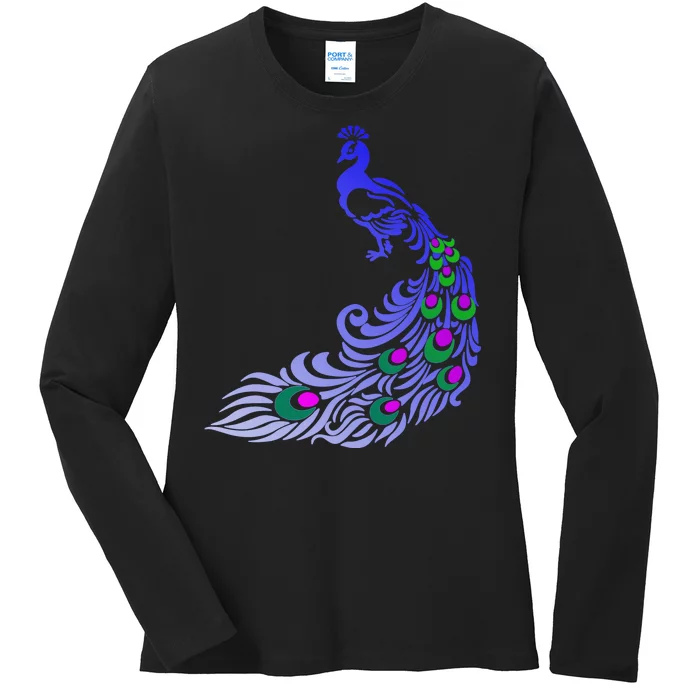 Peacock Colorful Illustration Ladies Long Sleeve Shirt