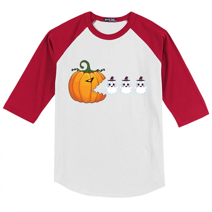 Pumpkin Eating Boo Ghost Gamer Halloween Gift Kids Colorblock Raglan Jersey