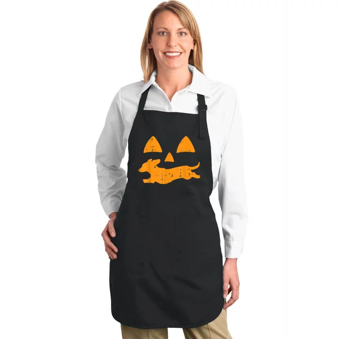 Pumpkin Eyes Dachshund Funny Halloween Jack O Lantern Dog Full-Length Apron With Pocket