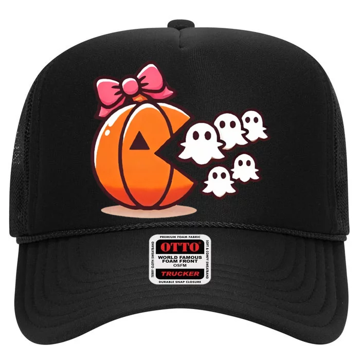 Pumpkin Eating Ghost Funny Halloween Gamer High Crown Mesh Trucker Hat