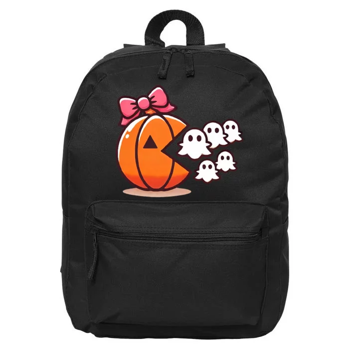 Pumpkin Eating Ghost Funny Halloween Gamer 16 in Basic Backpack