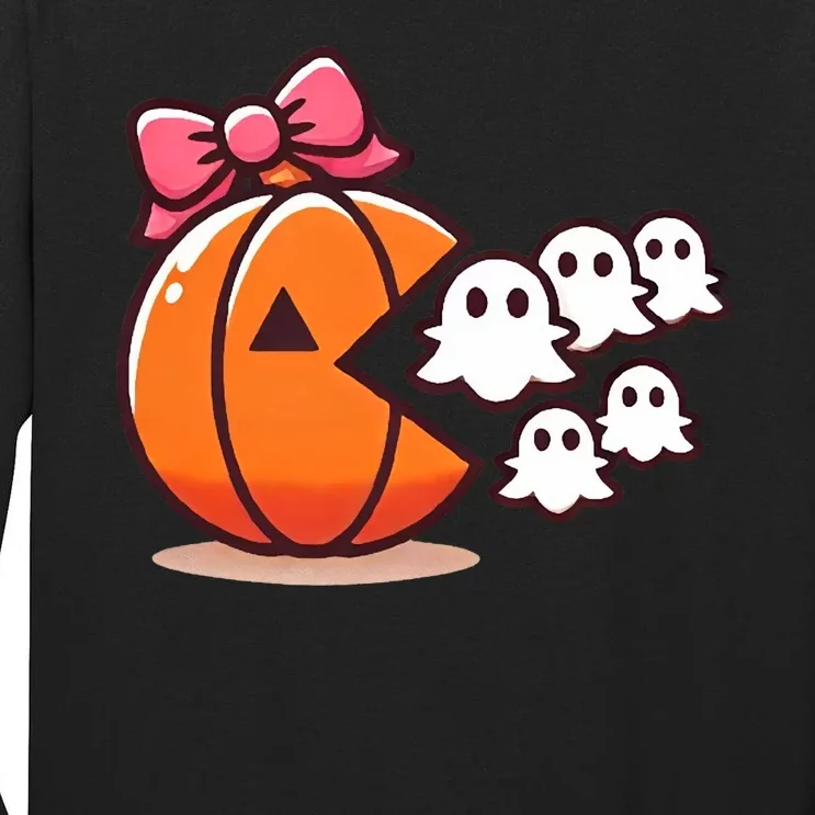 Pumpkin Eating Ghost Funny Halloween Gamer Tall Long Sleeve T-Shirt