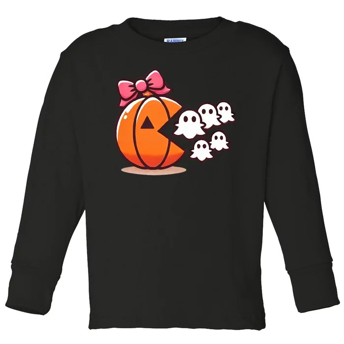 Pumpkin Eating Ghost Funny Halloween Gamer Toddler Long Sleeve Shirt