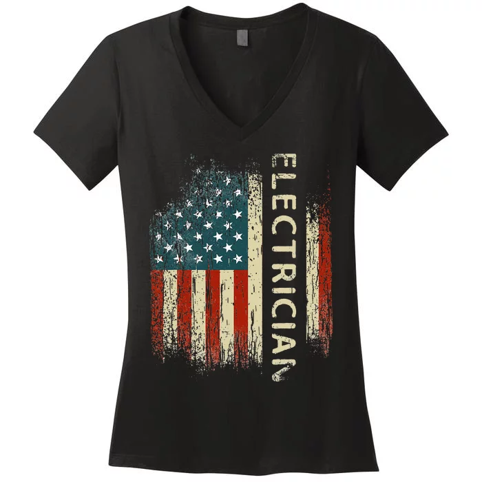 Patriotic Electrician Gifts American USA Flag Funny Lineman Women's V-Neck T-Shirt