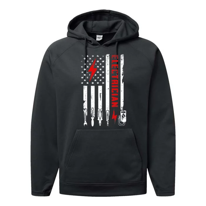 Patriotic Electrician Gifts American USA Flag Funny Lineman Performance Fleece Hoodie