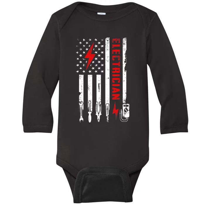 Patriotic Electrician Gifts American USA Flag Funny Lineman Baby Long Sleeve Bodysuit