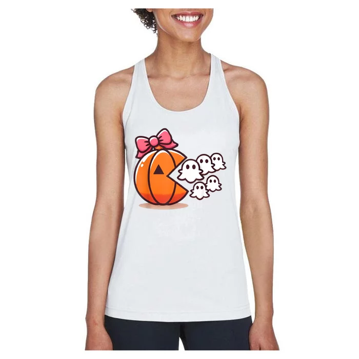 Pumpkin Eating Ghost Funny Halloween Gamer Women Women's Racerback Tank