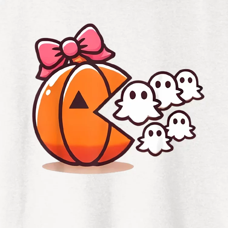 Pumpkin Eating Ghost Funny Halloween Gamer Women Women's Crop Top Tee