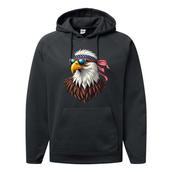 Patriotic Eagle Graphic Retro American Flag Design Performance Fleece Hoodie